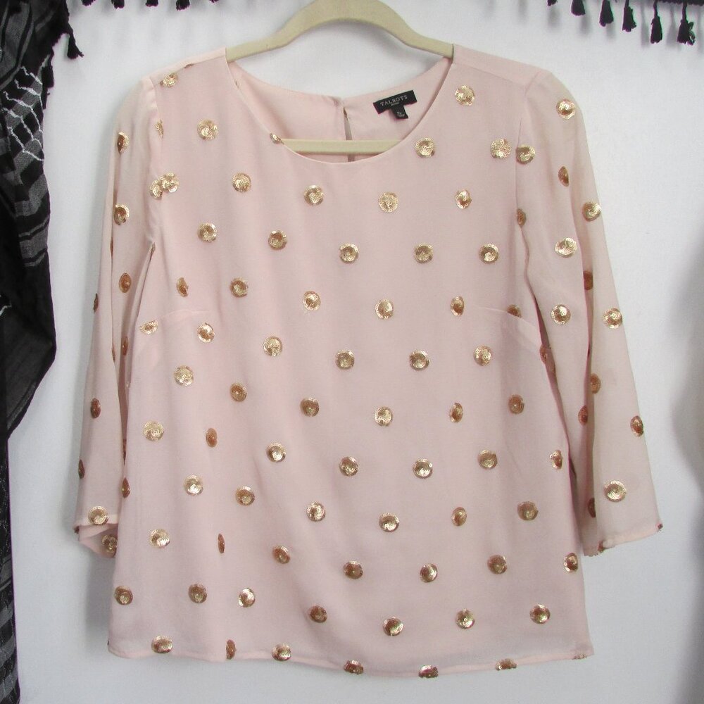 Talbots Blouse || Pink Blouse with gold sequined polka dots